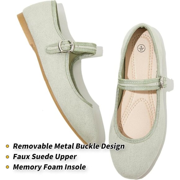 Babudog Womens Green Faux Suede Rounded Toe Ankle Strap With Buckle Flats - Picture 2 of 9